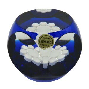 Saint Louis 1976 Faceted White Flower Blue Crystal Glass Paperweight France VTG